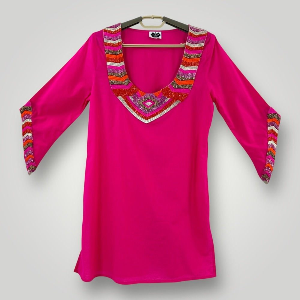 Mudpie Tunic Womens Small Pink Embroidered Beaded Trim Boho Festival Top Cotton‎